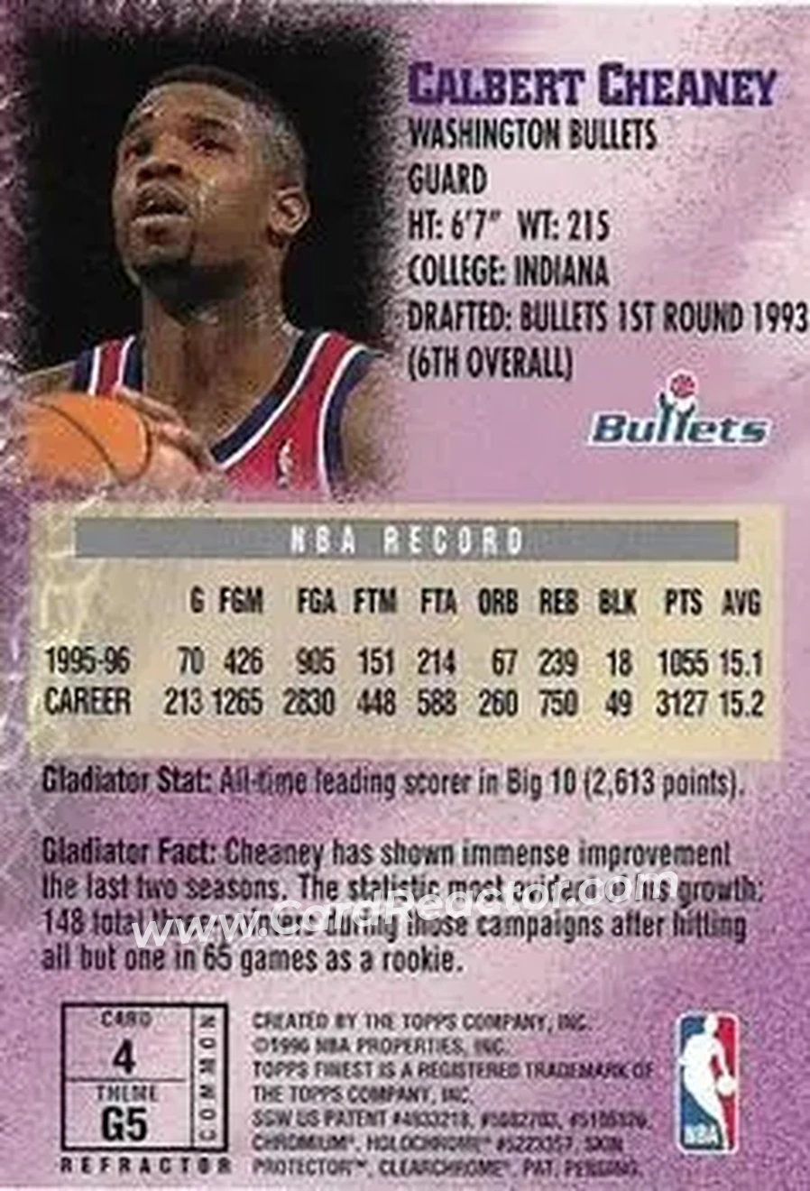 1996-97 Finest - Refractors #4 - Calbert Cheaney - Washington Bullets - Back