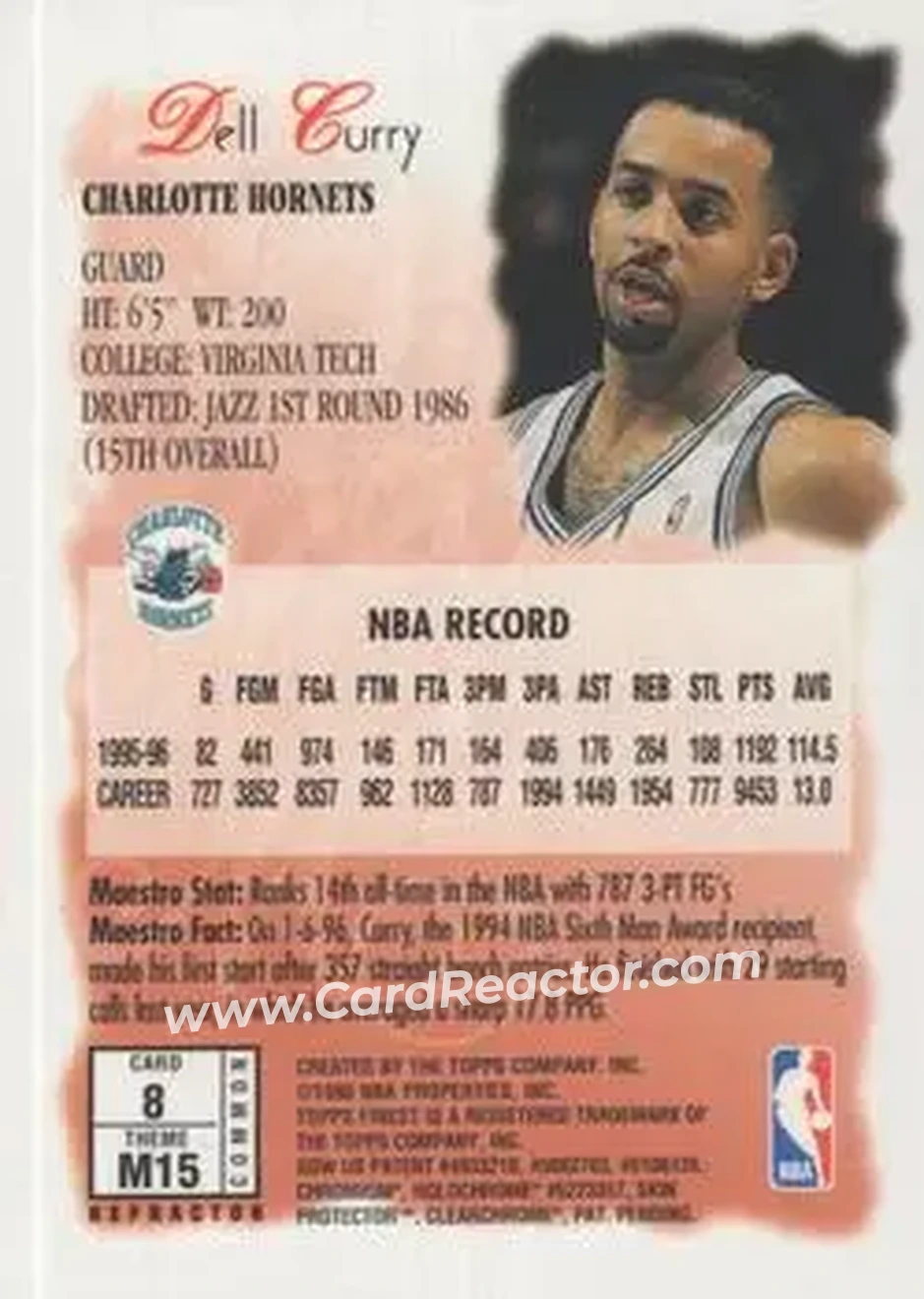 1996-97 Finest - Refractors #8 - Dell Curry - Charlotte Hornets - Back