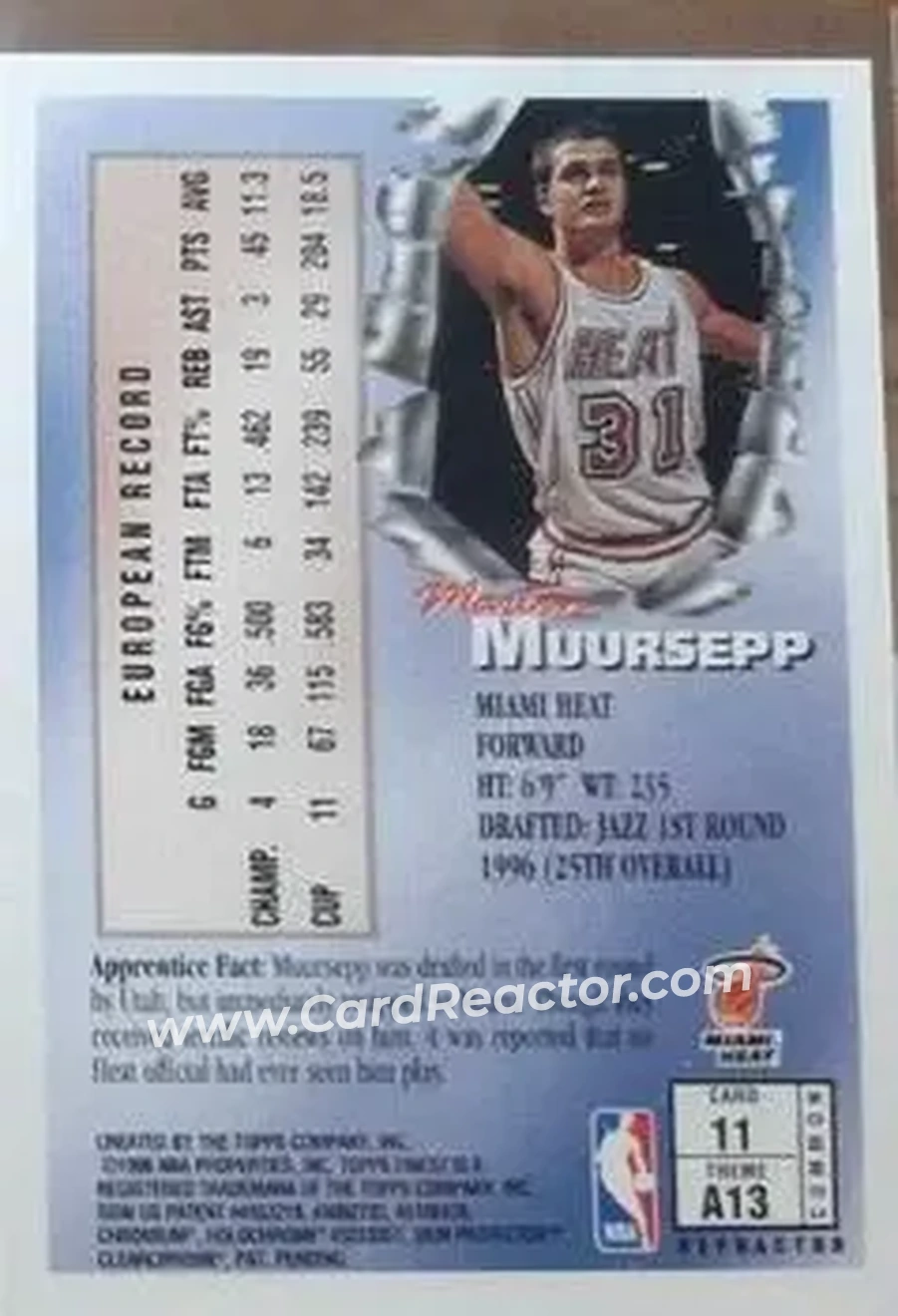 1996-97 Finest - Refractors #11 - Martin Muursepp - Miami Heat - Back