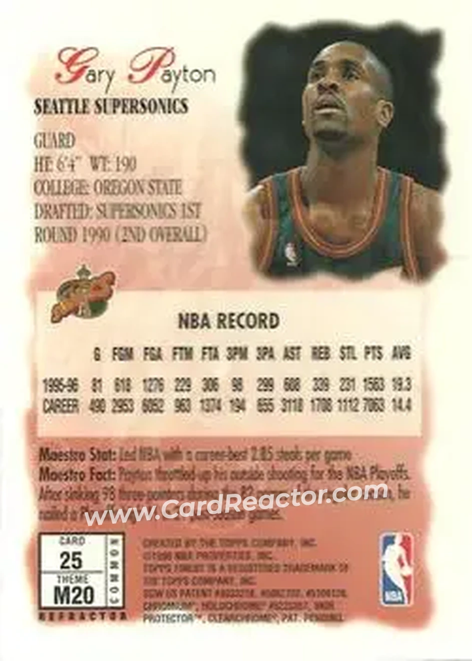 1996-97 Finest - Refractors #25 - Gary Payton - Seattle SuperSonics - Back