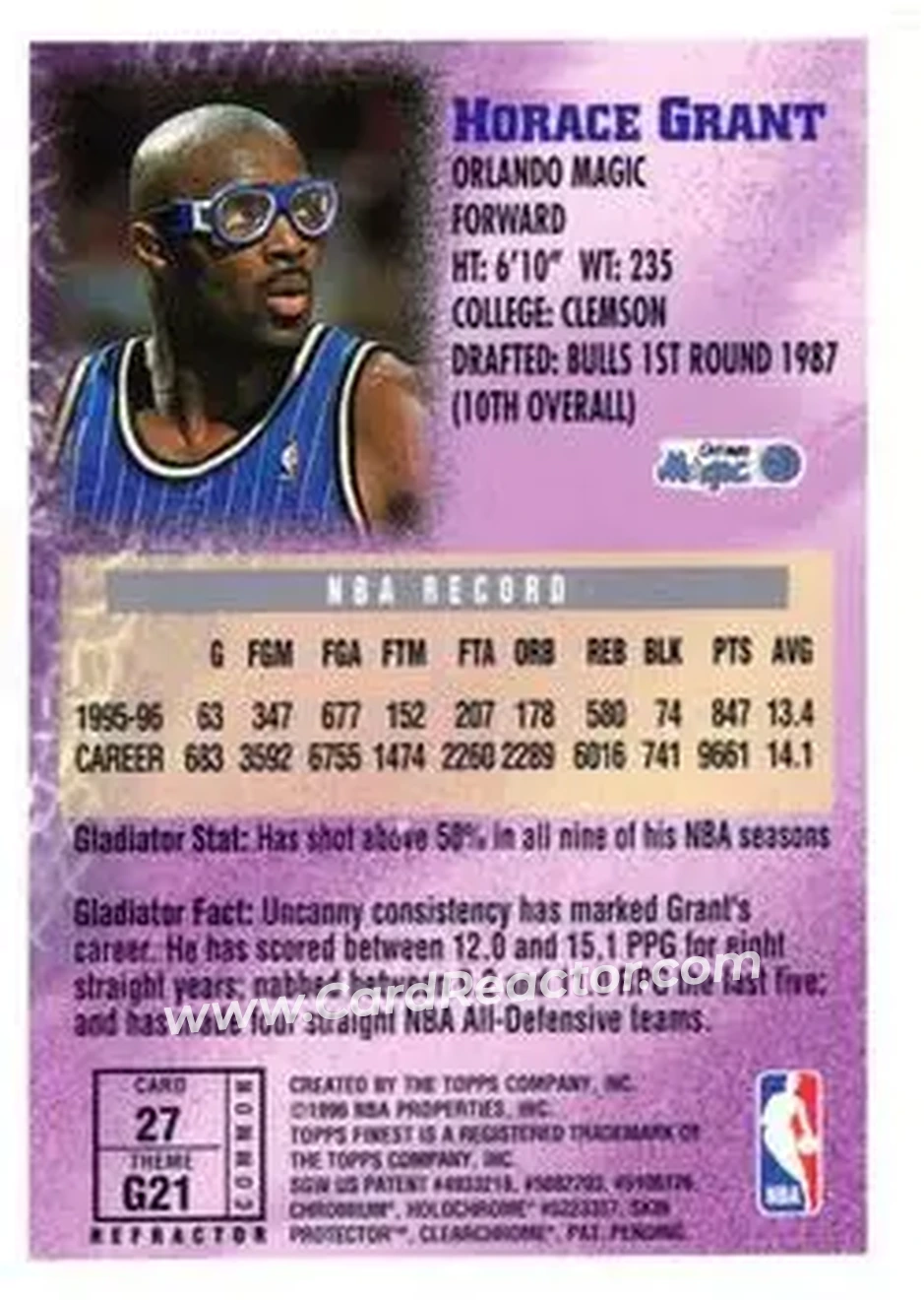 1996-97 Finest - Refractors #27 - Horace Grant - Orlando Magic - Back