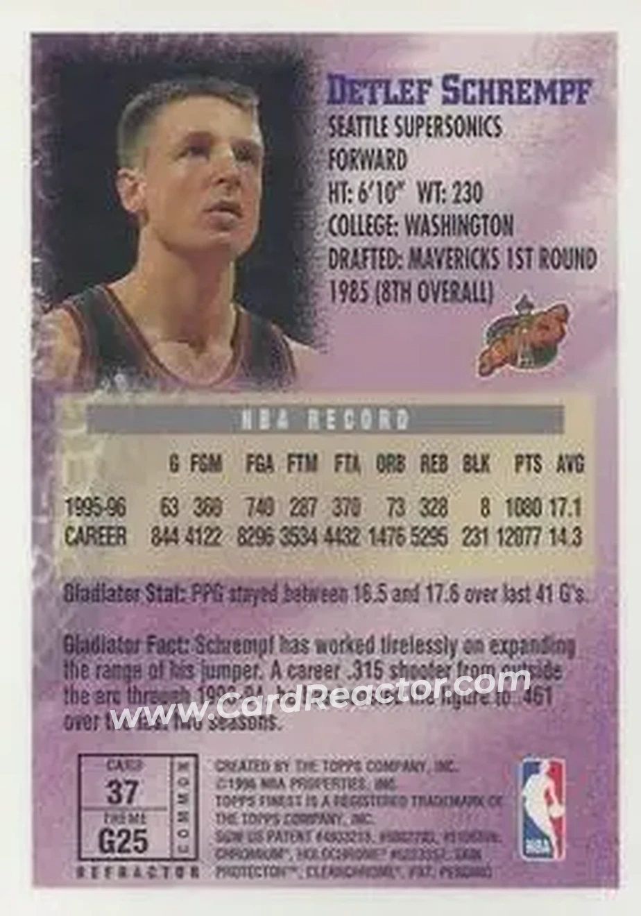 1996-97 Finest - Refractors #37 - Detlef Schrempf - Seattle SuperSonics - Back
