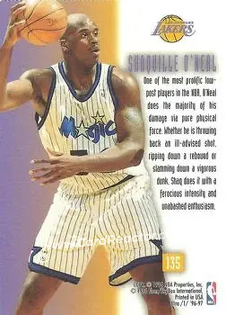 1996-97 Ultra #135 - Shaquille O'Neal - Los Angeles Lakers - Back 1996-97 Ultra #135 - Shaquille O'Neal - Los Angeles Lakers - Back