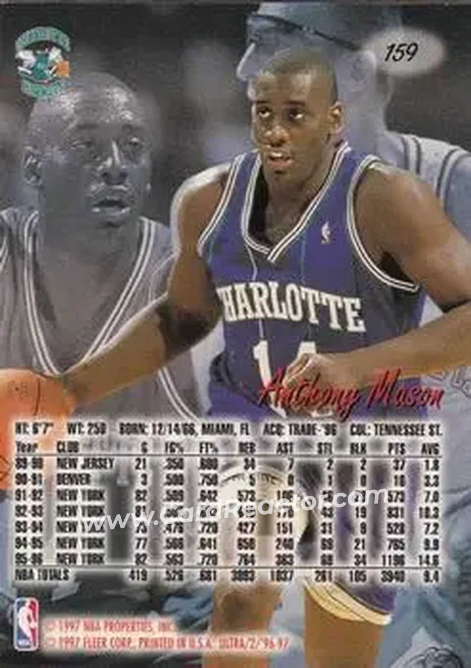 1996-97 Ultra #159 - Anthony Mason - Charlotte Hornets - Back