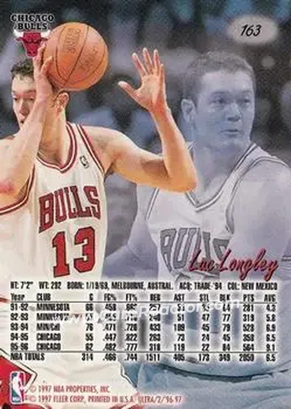 1996-97 Ultra #163 - Luc Longley - Chicago Bulls - Back