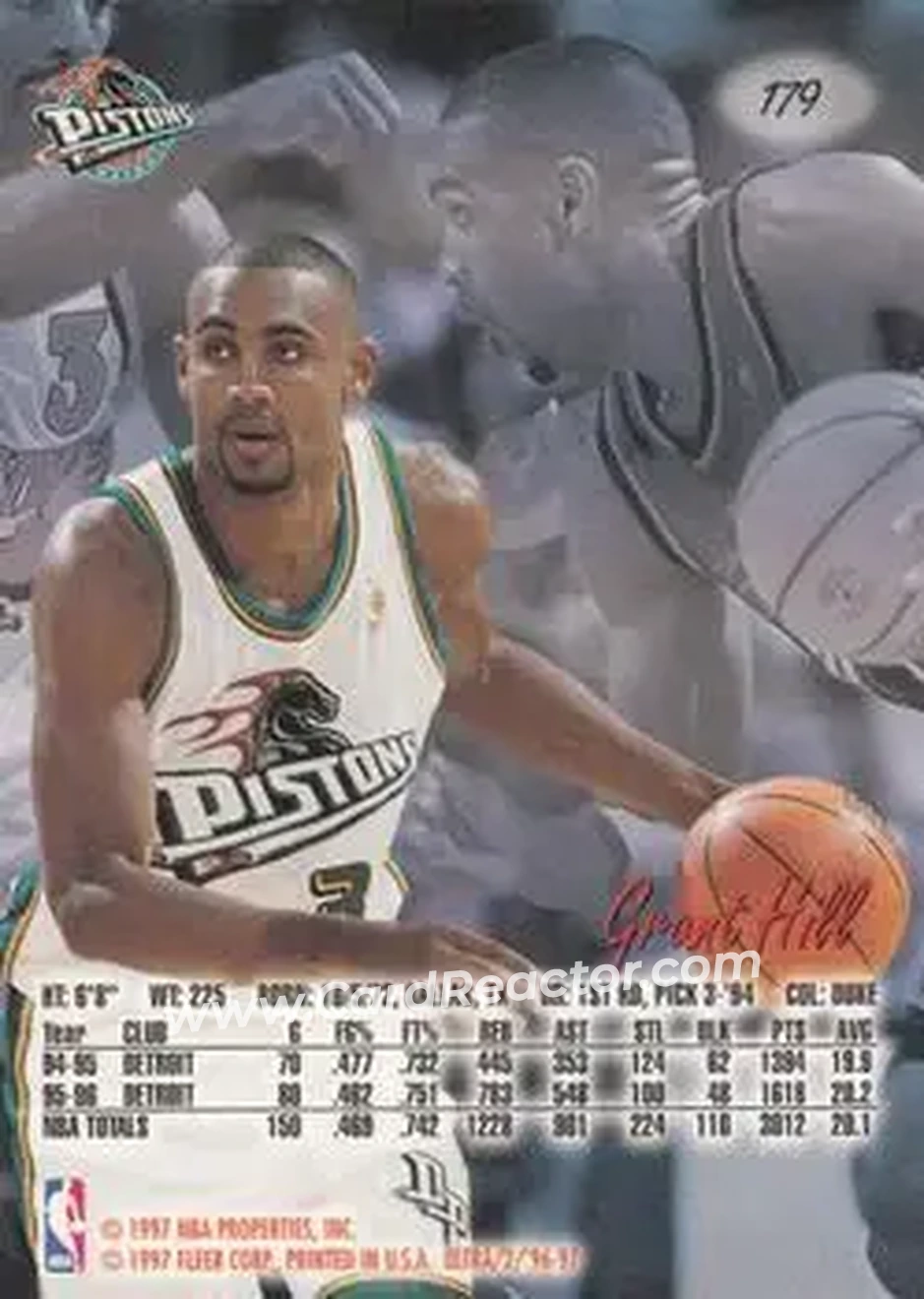 1996-97 Ultra #179 - Grant Hill - Detroit Pistons - Back