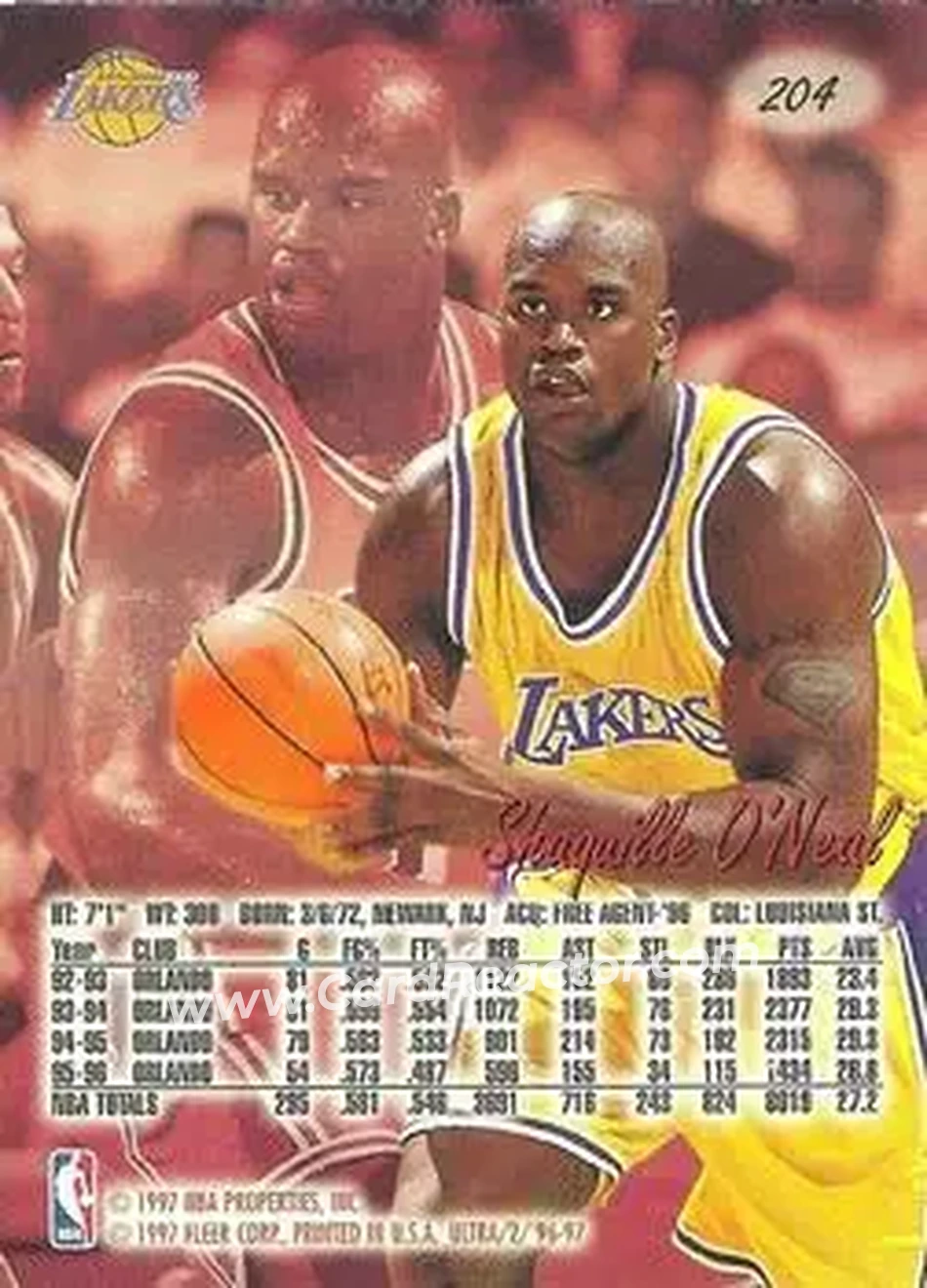 1996-97 Ultra #204 - Shaquille O'Neal - Los Angeles Lakers - Back