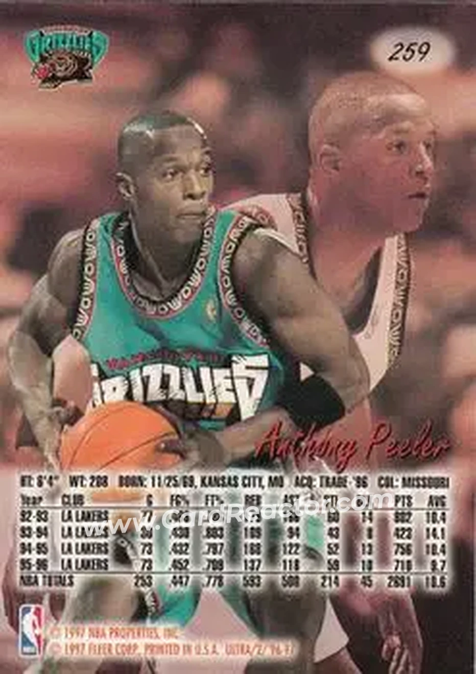 1996-97 Ultra #259 - Anthony Peeler - Vancouver Grizzlies - Back