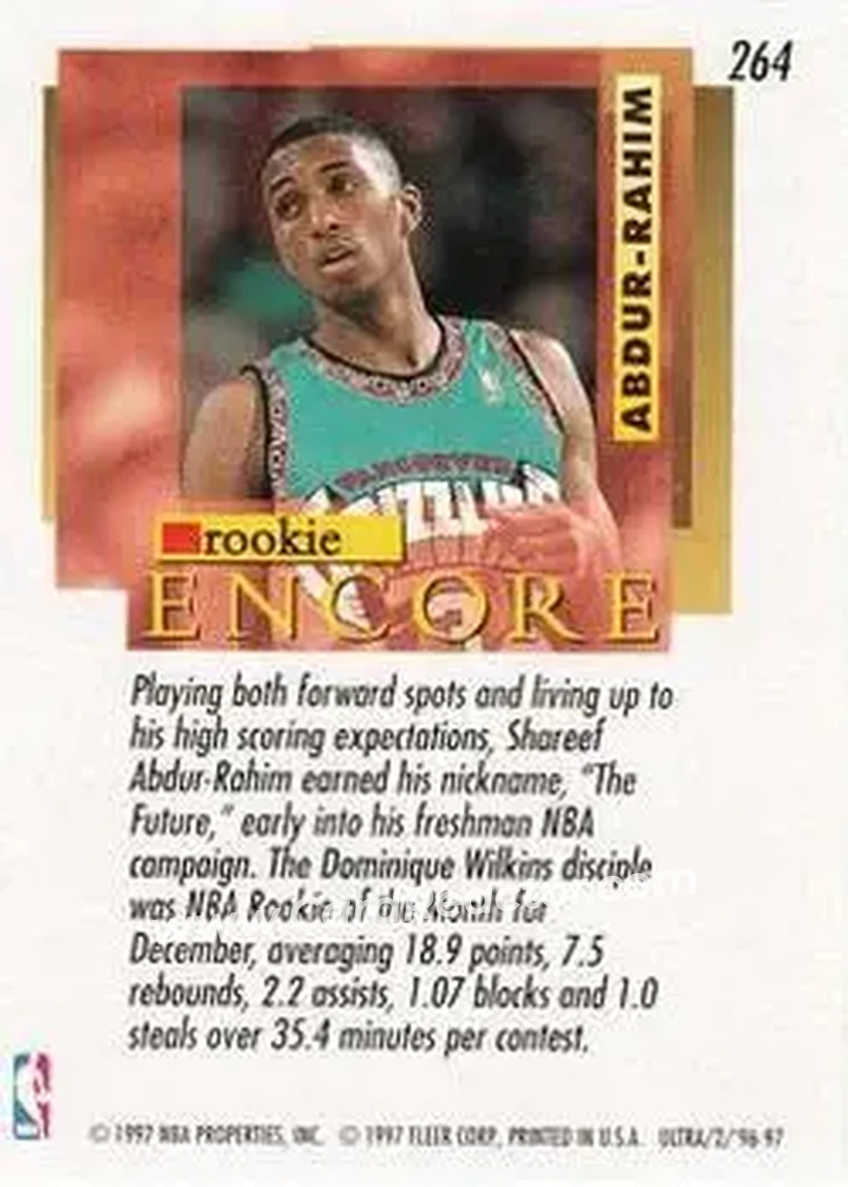 1996-97 Ultra #264 - Shareef Abdur-Rahim - Vancouver Grizzlies - Back 1996-97 Ultra #264 - Shareef Abdur-Rahim - Vancouver Grizzlies - Back
