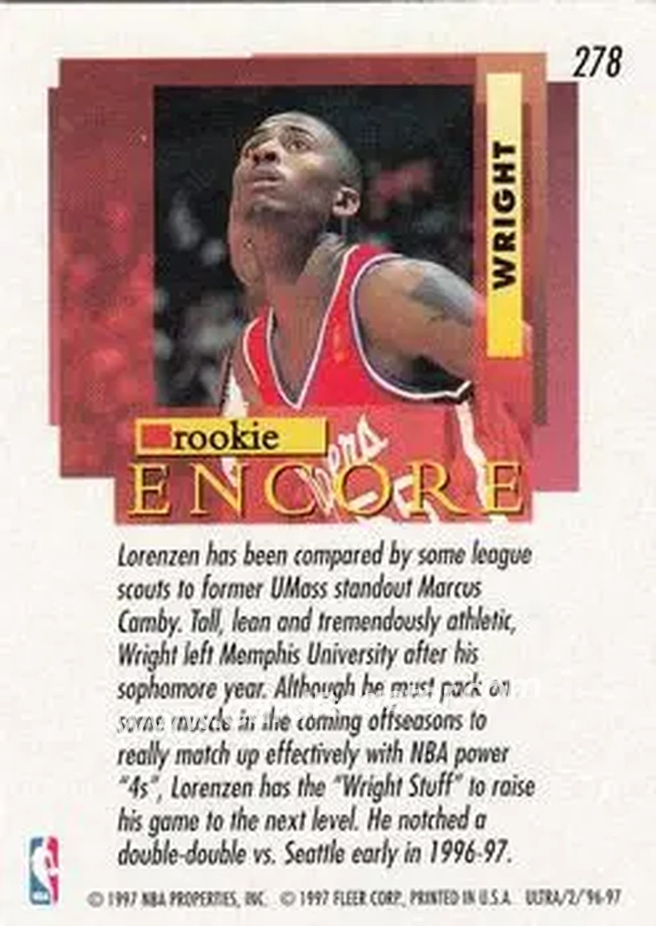 1996-97 Ultra #278 - Lorenzen Wright - Los Angeles Clippers - Back
