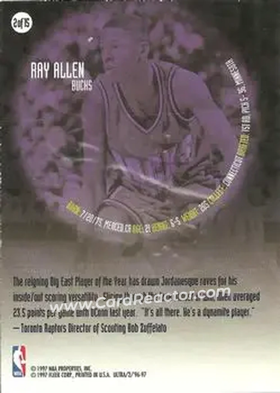 1996-97 Ultra - All-Rookie #2 - Ray Allen - Milwaukee Bucks - Back 1996-97 Ultra - All-Rookie #2 - Ray Allen - Milwaukee Bucks - Back