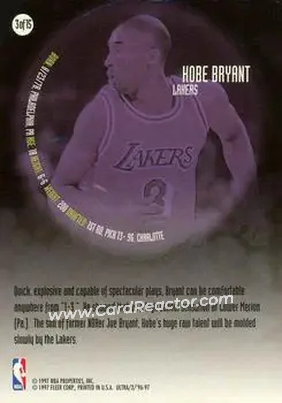 1996-97 Ultra - All-Rookie #3 - Kobe Bryant - Los Angeles Lakers - Back