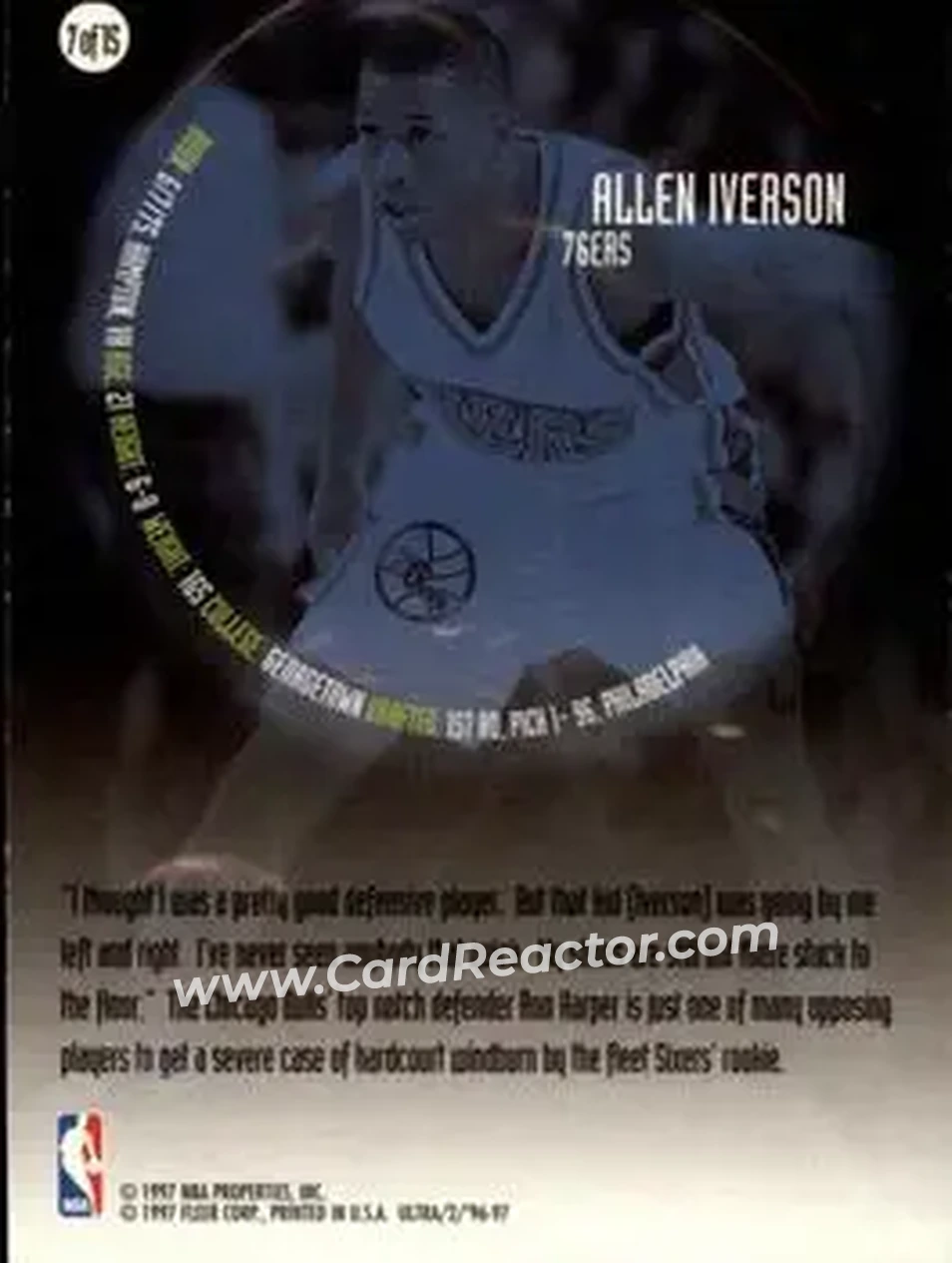 1996-97 Ultra - All-Rookie #7 - Allen Iverson - Philadelphia 76ers - Back