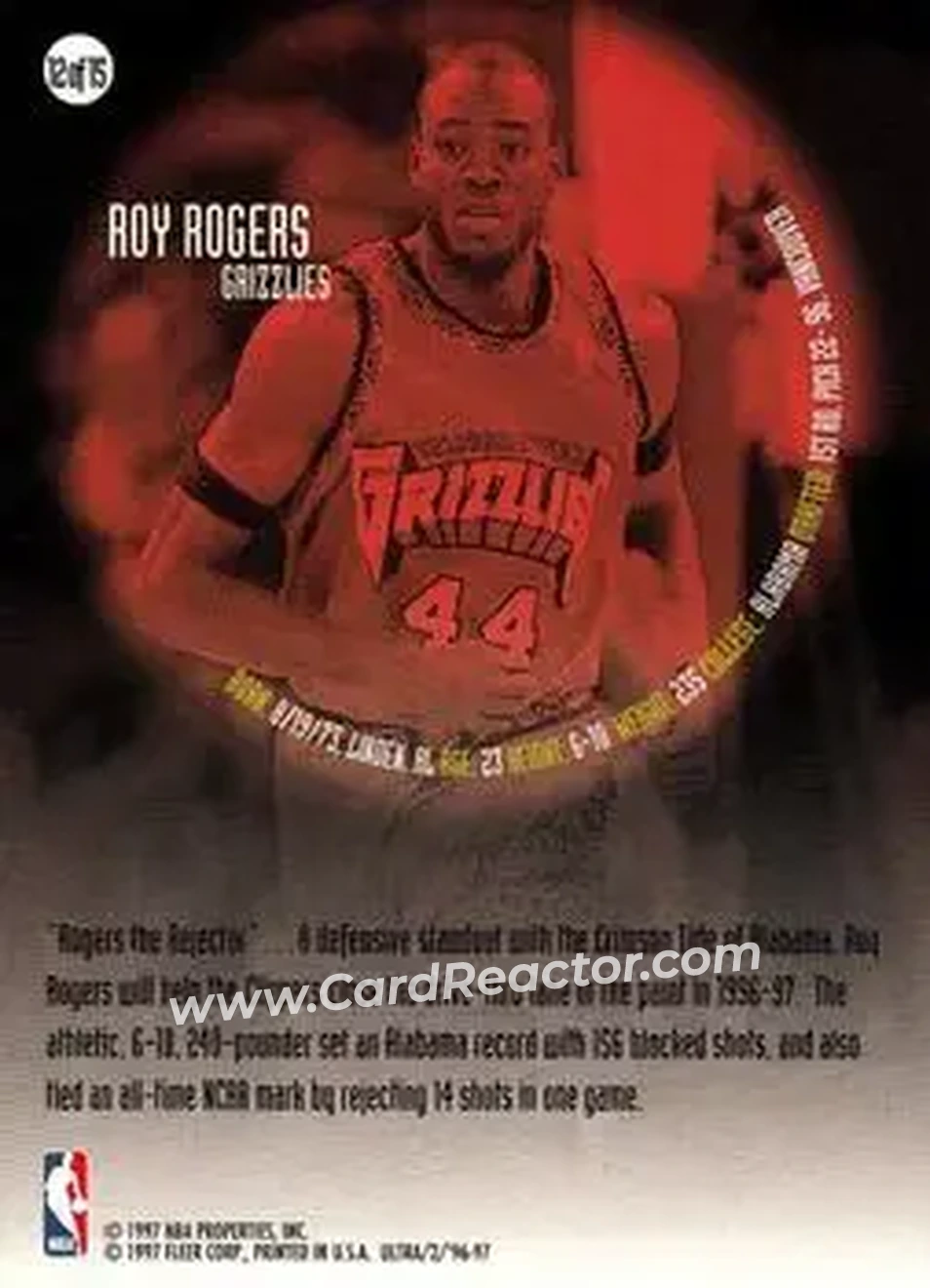 1996-97 Ultra - All-Rookie #12 - Roy Rogers - Vancouver Grizzlies - Back