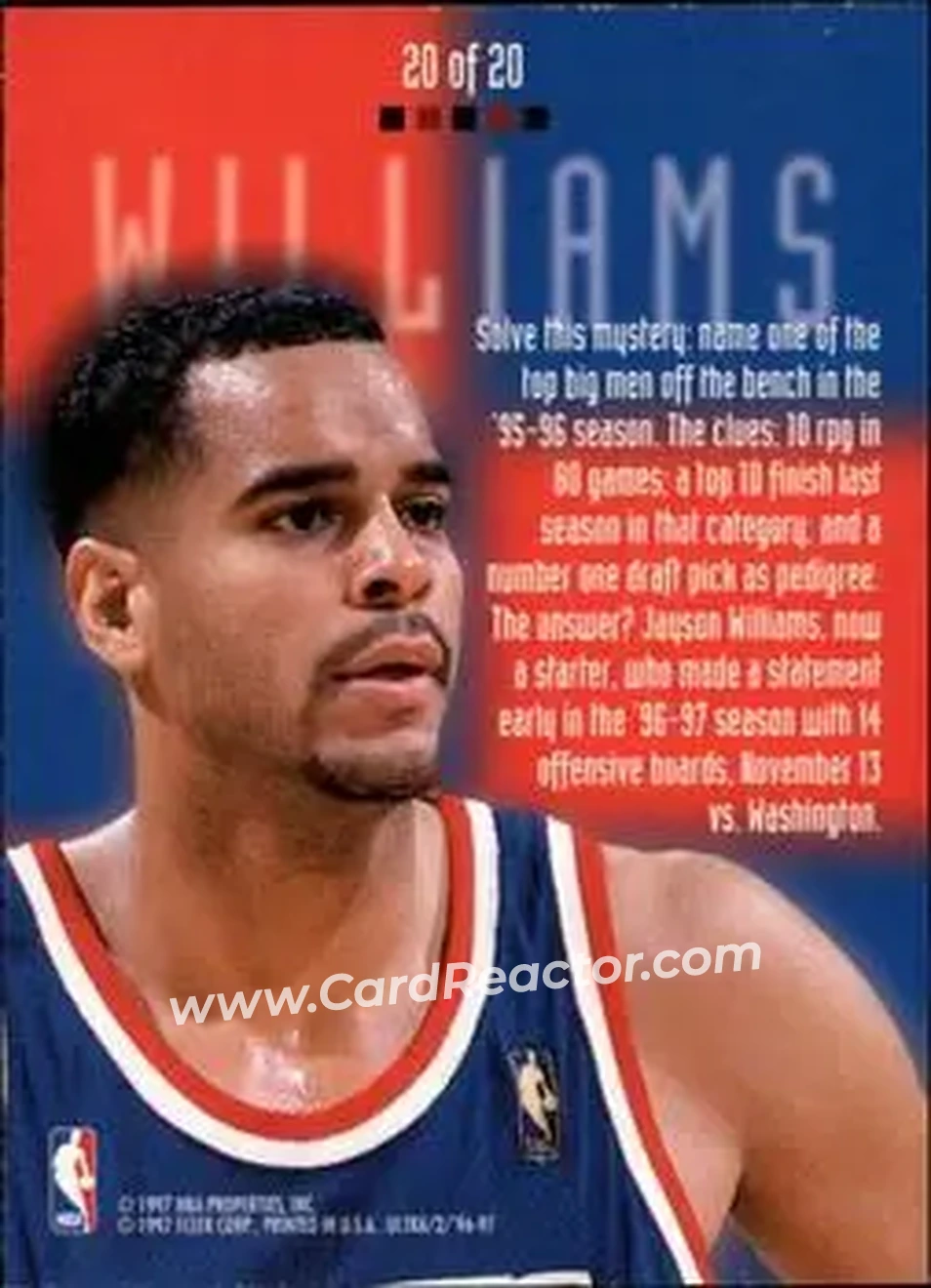 1996-97 Ultra - Board Game #20 - Jayson Williams - New Jersey Nets - Back