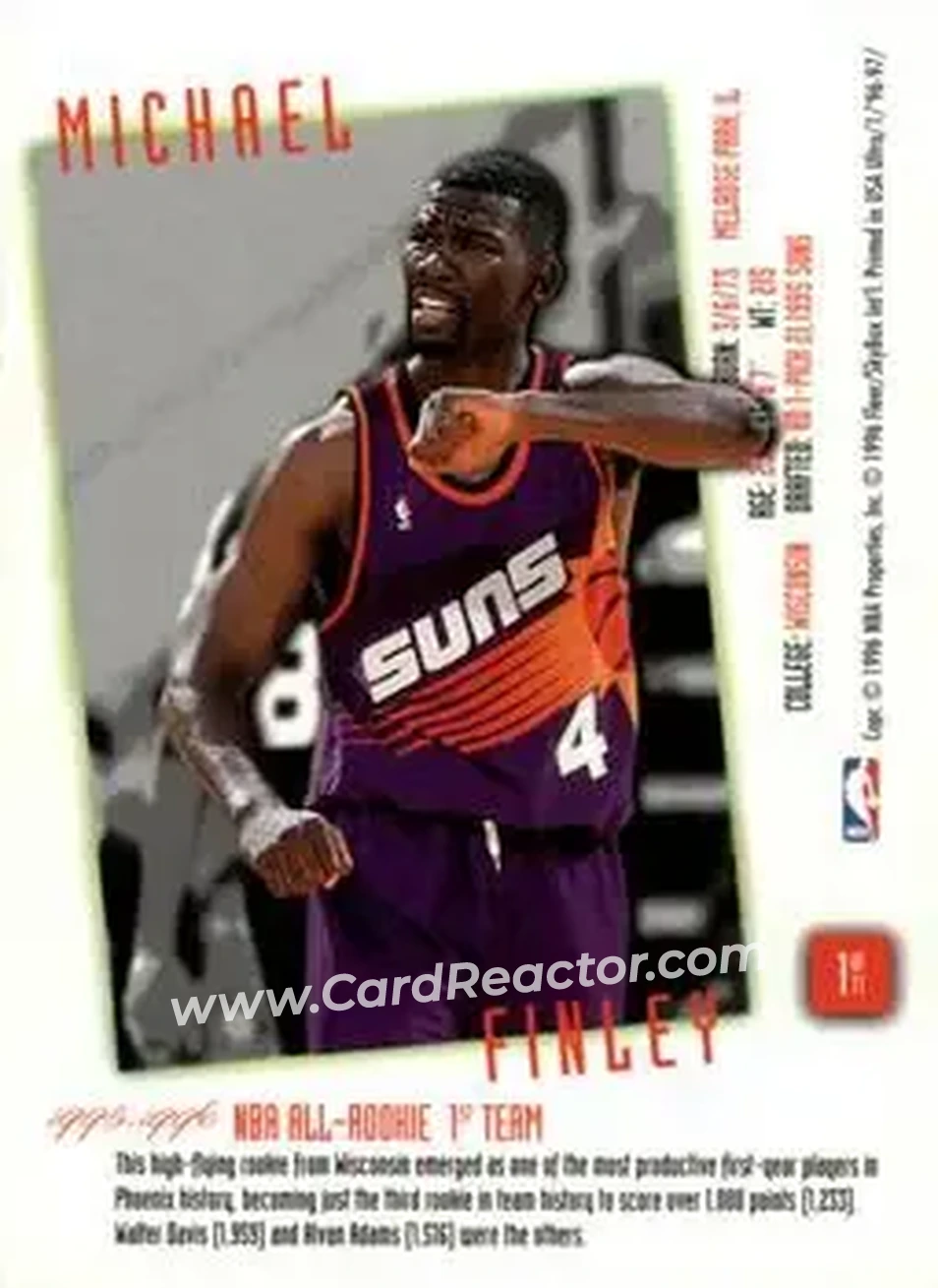 1996-97 Ultra - Rookie Flashback #1 - Michael Finley - Phoenix Suns - Back