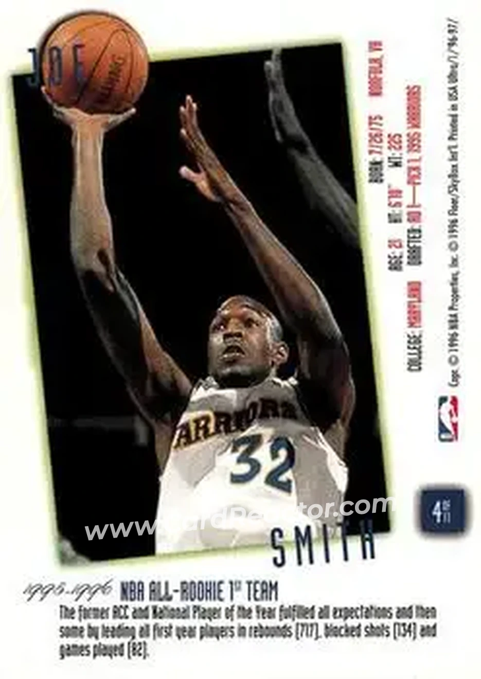 1996-97 Ultra - Rookie Flashback #4 - Joe Smith - Golden State Warriors - Back