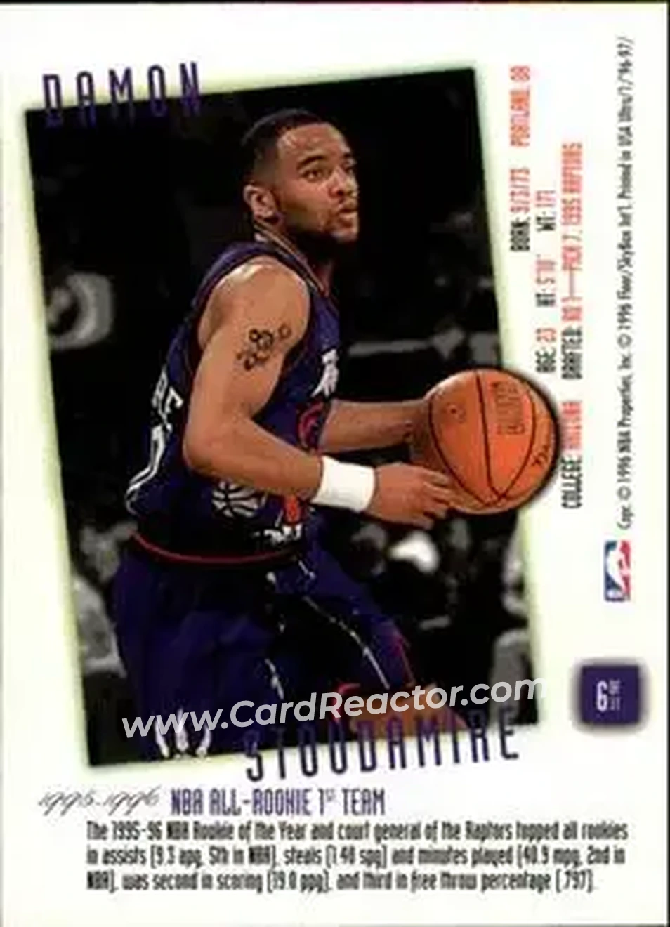 1996-97 Ultra - Rookie Flashback #6 - Damon Stoudamire - Toronto Raptors - Back