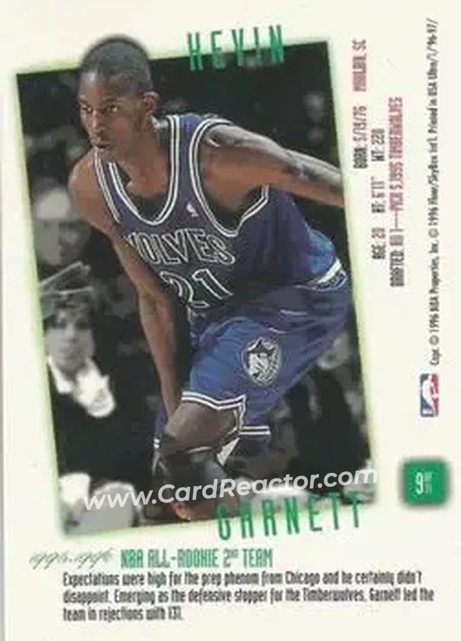 1996-97 Ultra - Rookie Flashback #9 - Kevin Garnett - Minnesota Timberwolves - Back