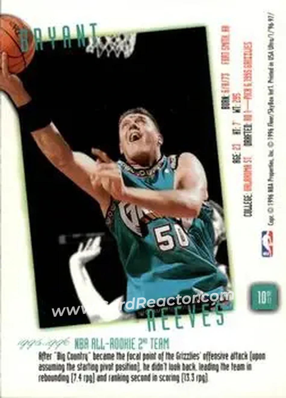 1996-97 Ultra - Rookie Flashback #10 - Bryant Reeves - Vancouver Grizzlies - Back