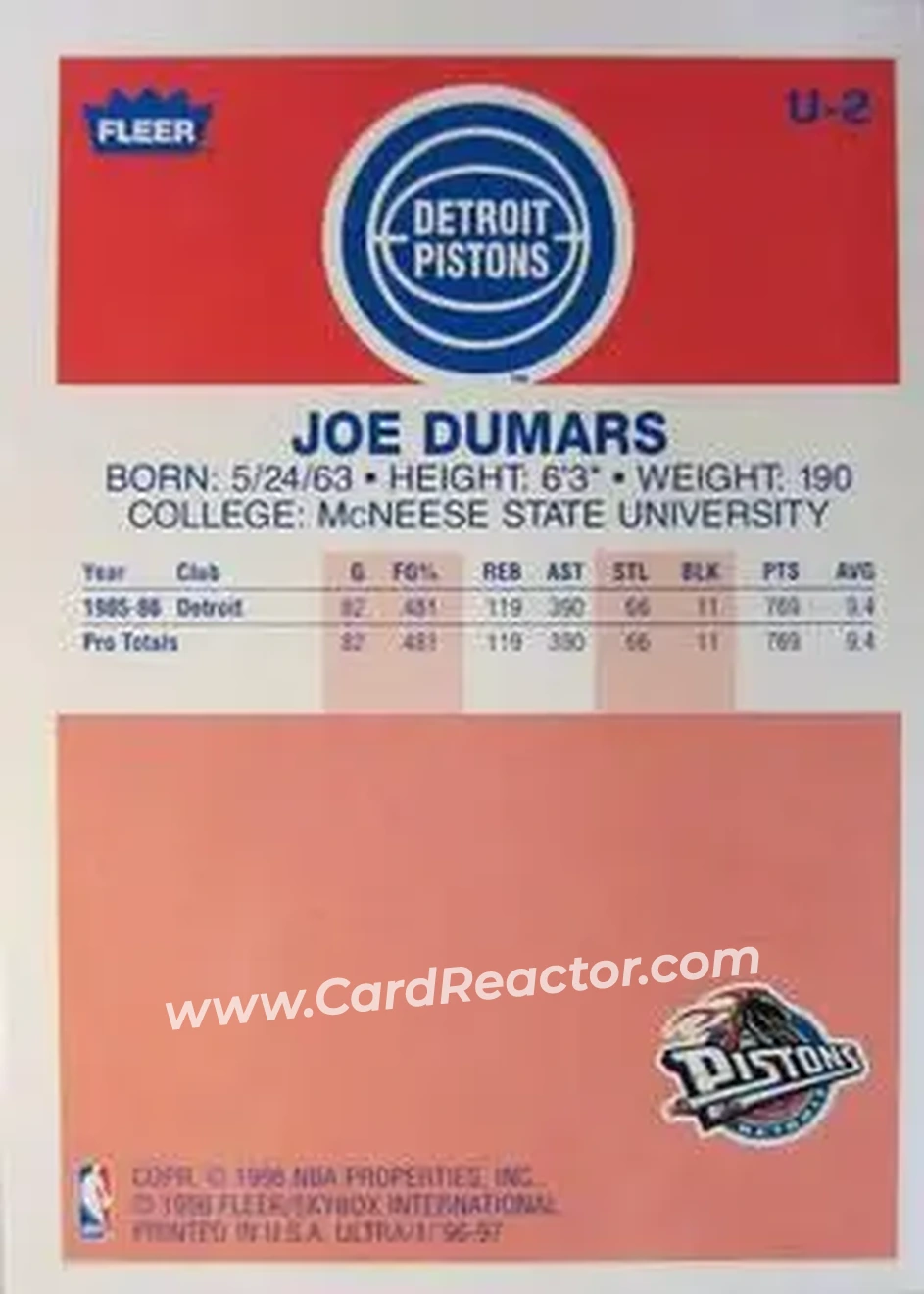 1996-97 Ultra - Ultra Decade #U-2 - Joe Dumars - Detroit Pistons - Back