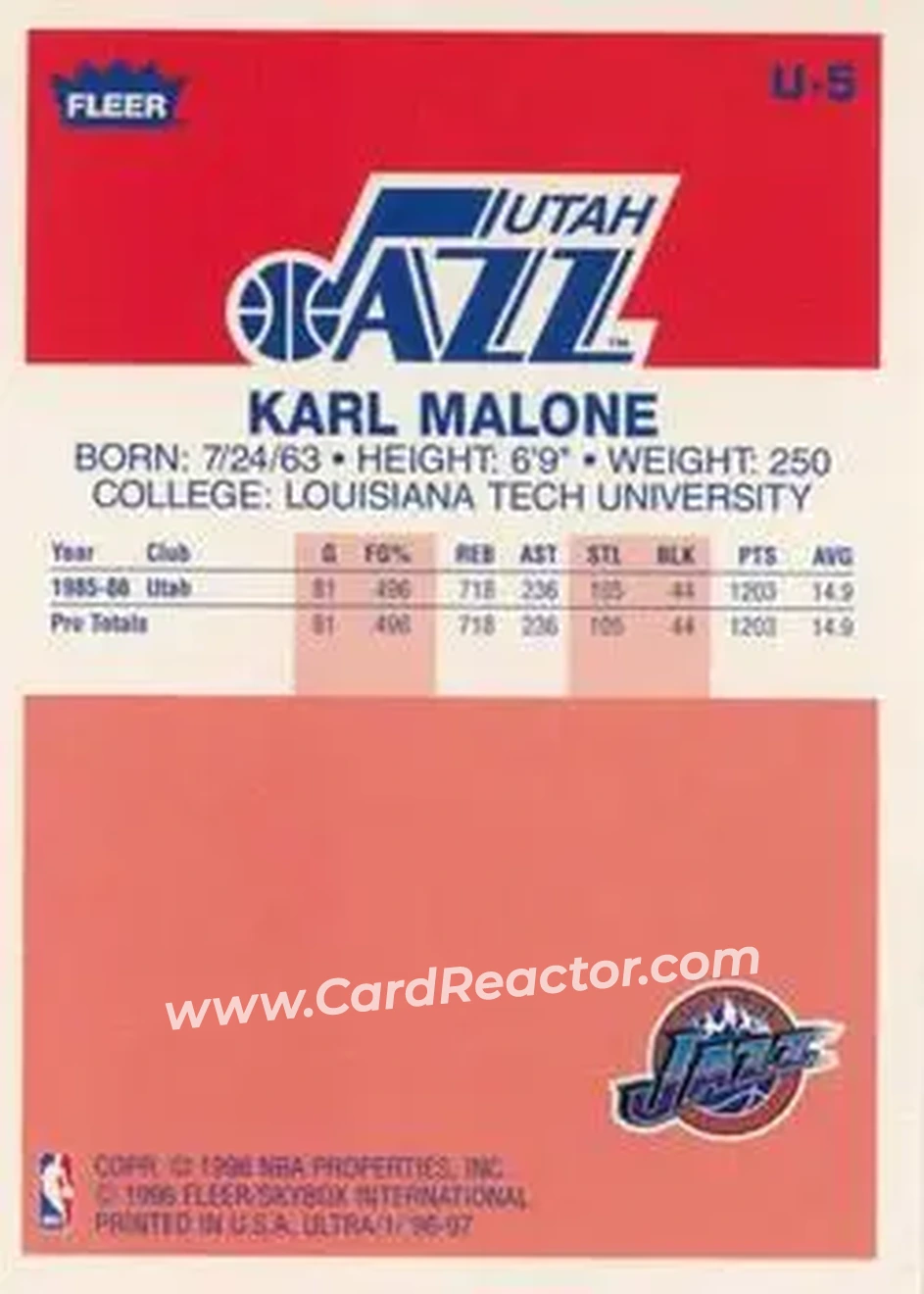 1996-97 Ultra - Ultra Decade #U-5 - Karl Malone - Utah Jazz - Back