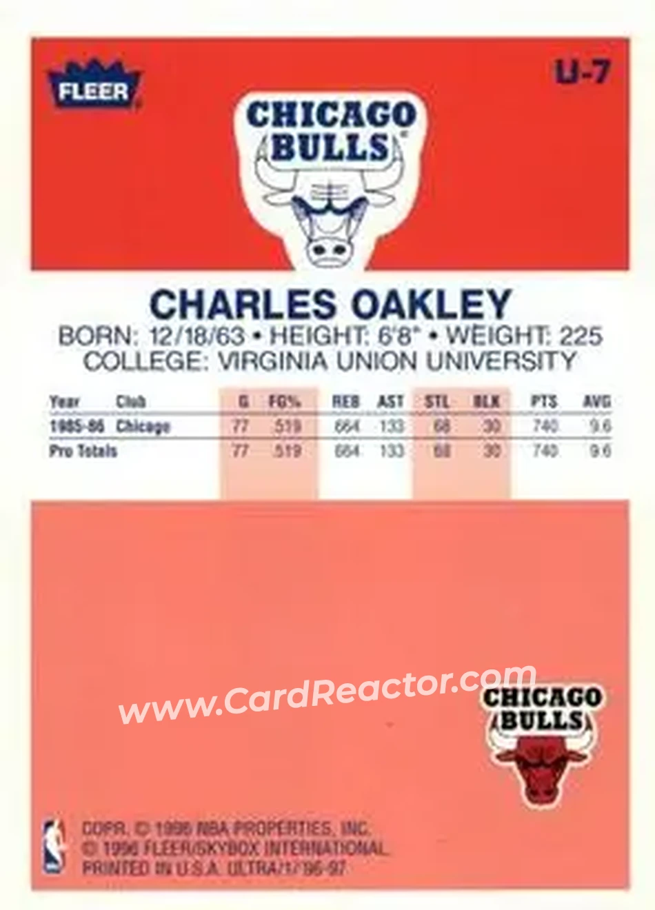 1996-97 Ultra - Ultra Decade #U-7 - Charles Oakley - Chicago Bulls - Back