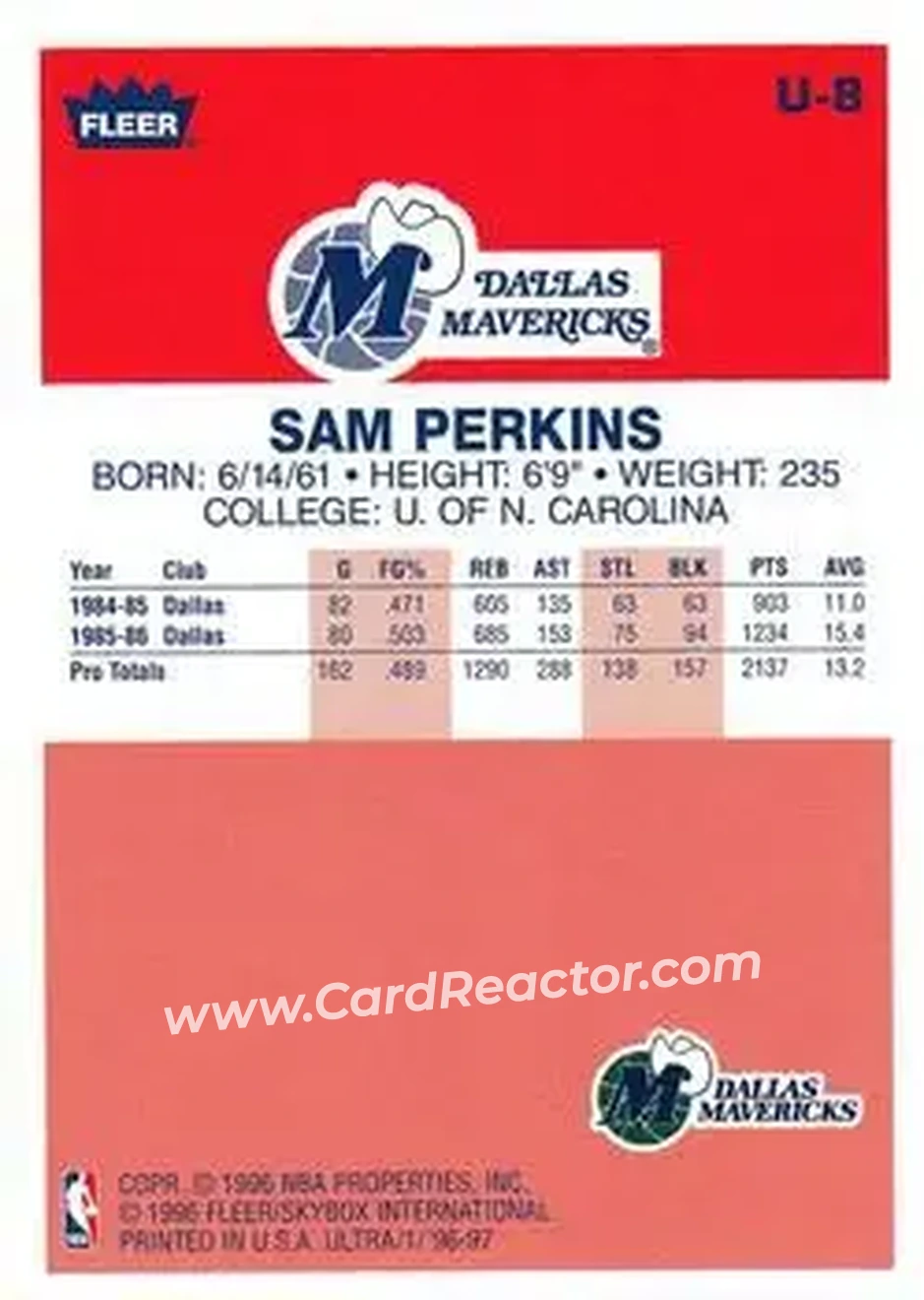 1996-97 Ultra - Ultra Decade #U-8 - Sam Perkins - Dallas Mavericks - Back