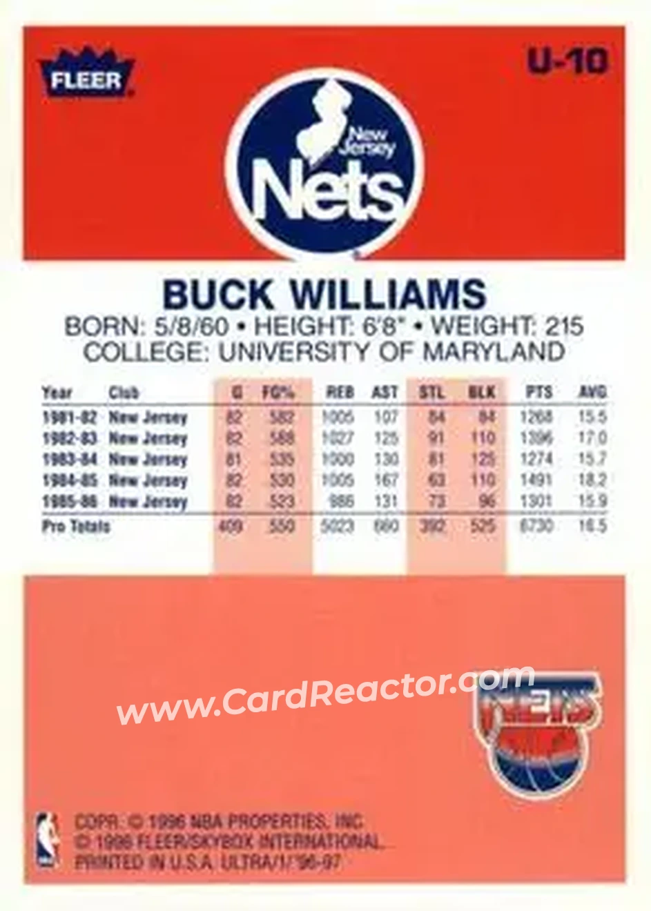 1996-97 Ultra - Ultra Decade #U-10 - Buck Williams - New Jersey Nets - Back 1996-97 Ultra - Ultra Decade #U-10 - Buck Williams - New Jersey Nets - Back