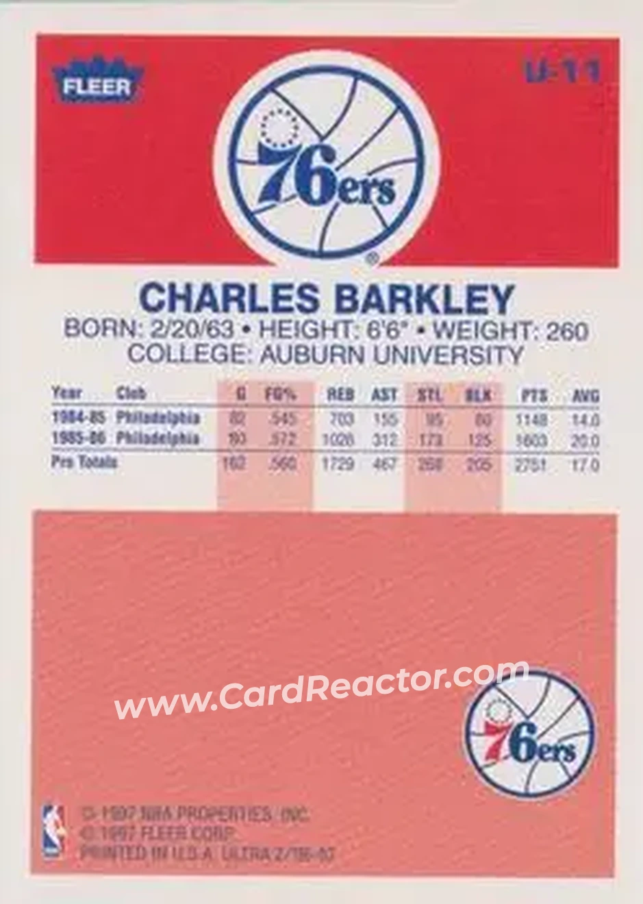 1996-97 Ultra - Ultra Decade #U-11 - Charles Barkley - Philadelphia 76ers - Back 1996-97 Ultra - Ultra Decade #U-11 - Charles Barkley - Philadelphia 76ers - Back