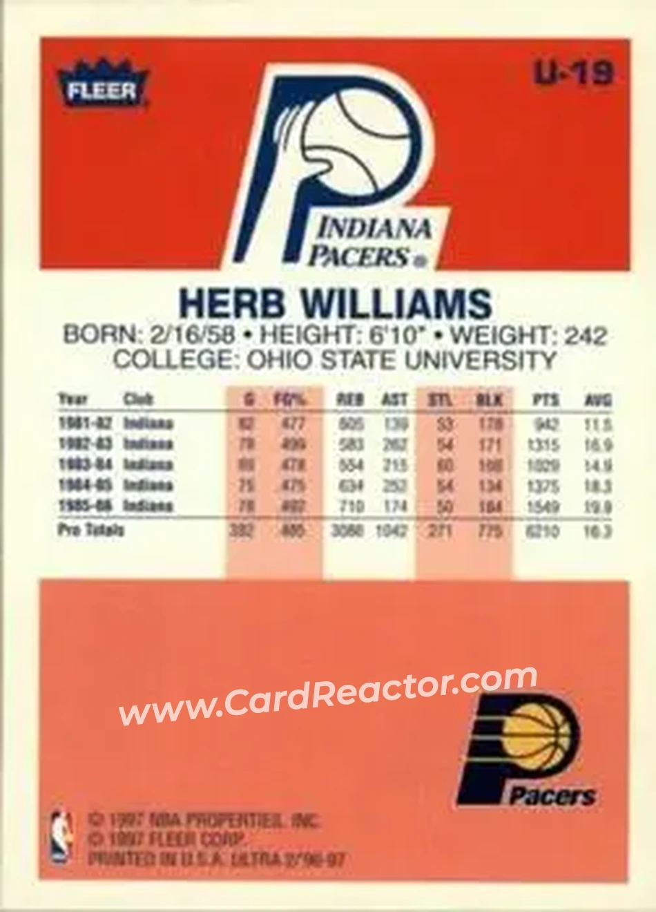 1996-97 Ultra - Ultra Decade #U-19 - Herb Williams - Indiana Pacers - Back