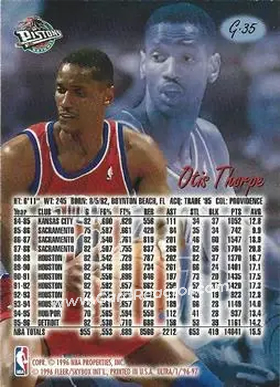 1996-97 Ultra - Gold Medallion #G-35 - Otis Thorpe - Detroit Pistons - Back