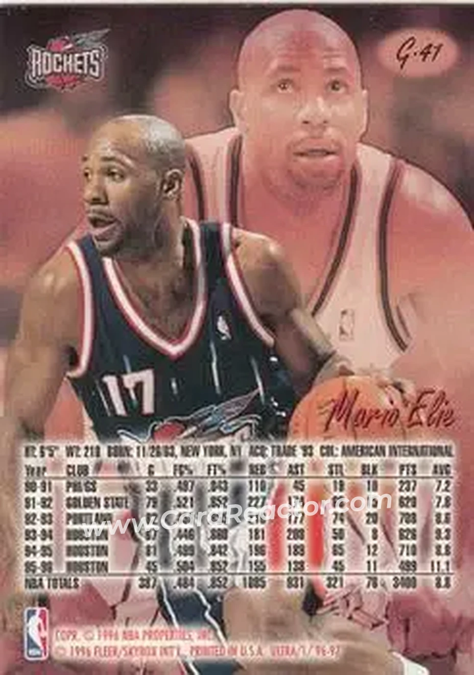 1996-97 Ultra - Gold Medallion #G-41 - Mario Elie - Houston Rockets - Back