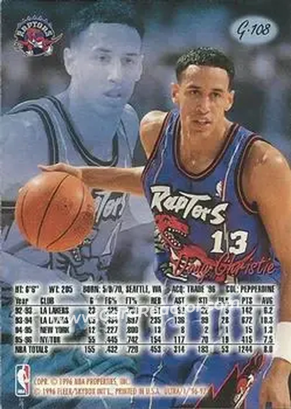 1996-97 Ultra - Gold Medallion #G-108 - Doug Christie - Toronto Raptors - Back