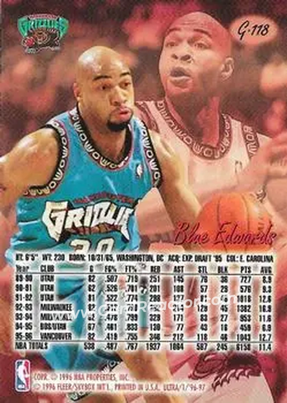 1996-97 Ultra - Gold Medallion #G-118 - Blue Edwards - Vancouver Grizzlies - Back