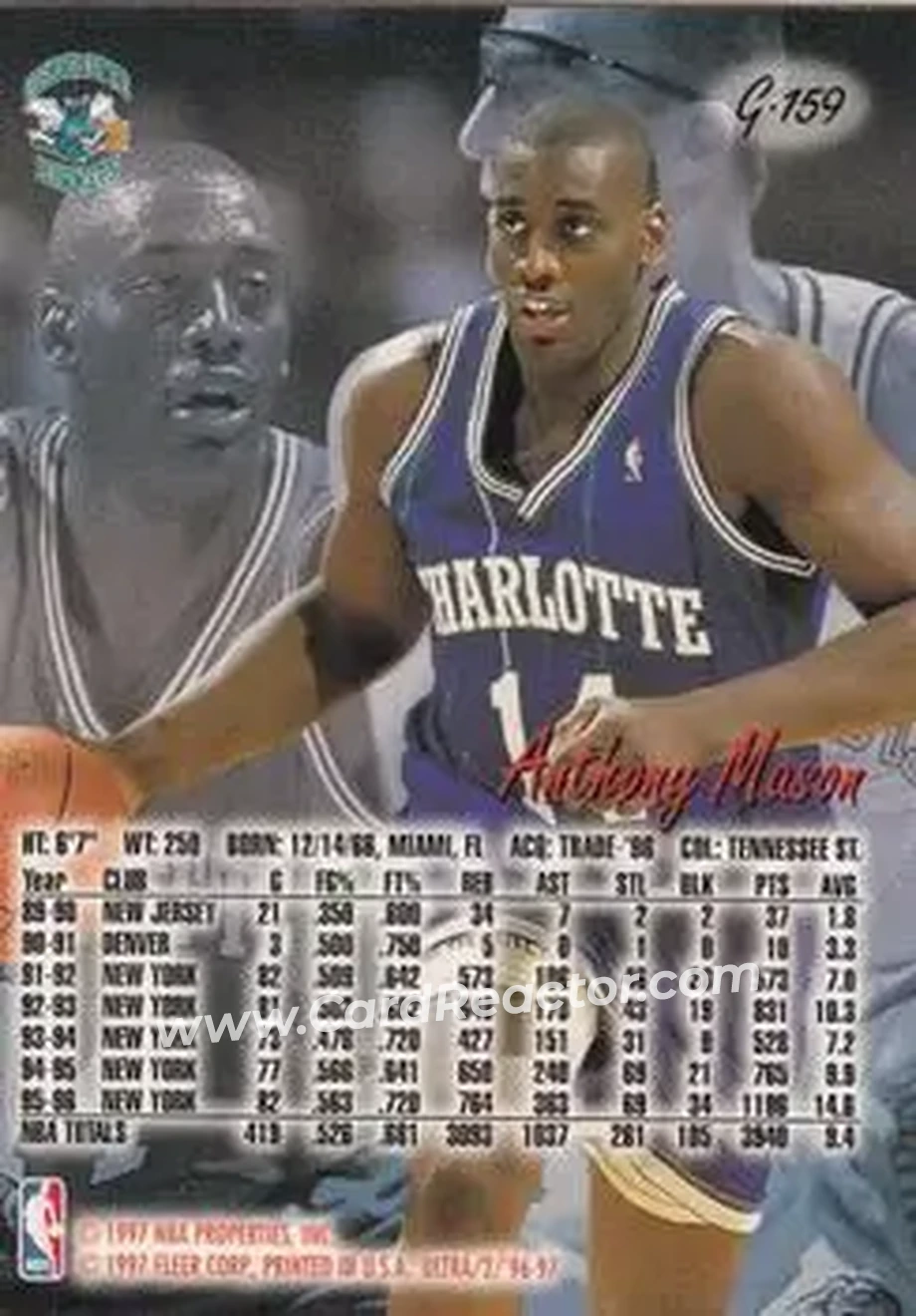 1996-97 Ultra - Gold Medallion #G-159 - Anthony Mason - Charlotte Hornets - Back 1996-97 Ultra - Gold Medallion #G-159 - Anthony Mason - Charlotte Hornets - Back