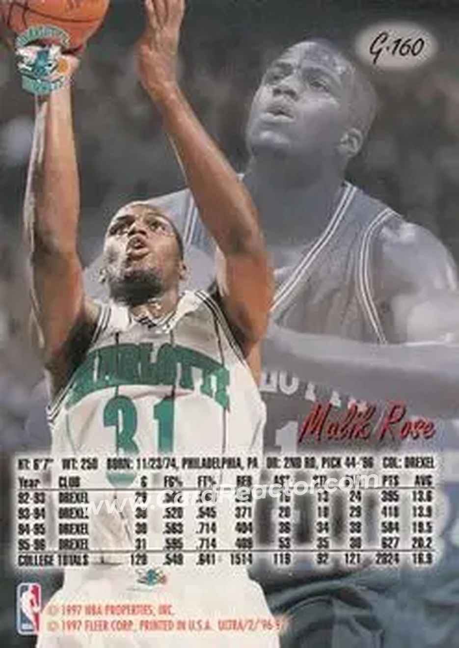 1996-97 Ultra - Gold Medallion #G-160 - Malik Rose - Charlotte Hornets - Back