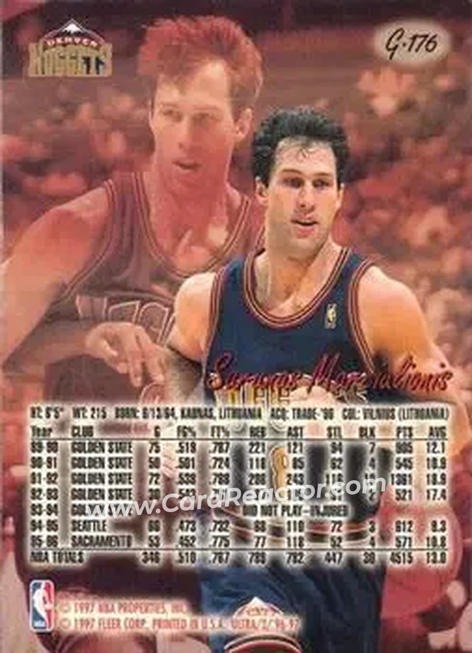 1996-97 Ultra - Gold Medallion #G-176 - Šarūnas Marčiulionis - Denver Nuggets - Back