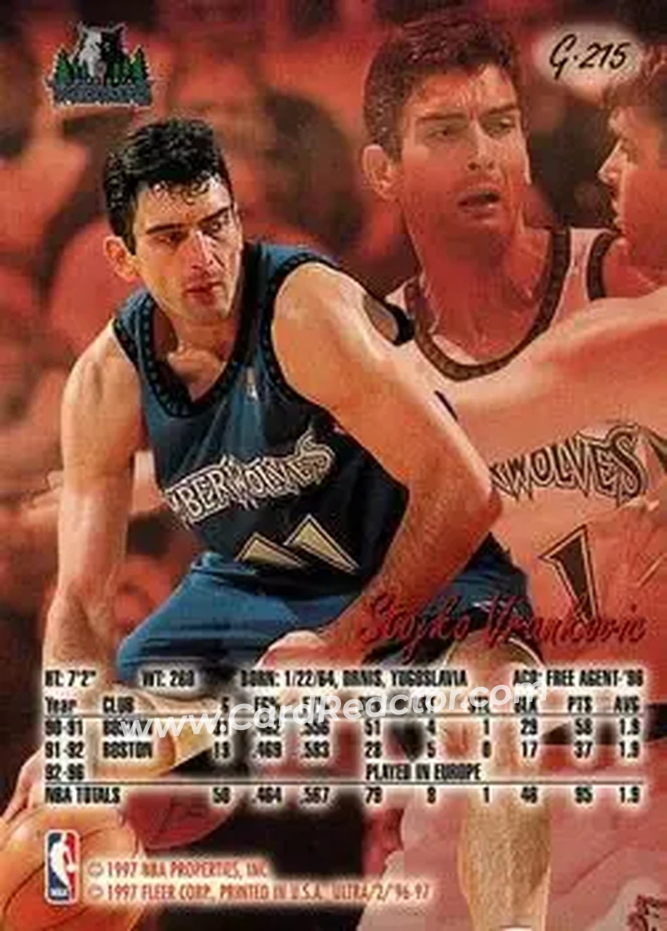 1996-97 Ultra - Gold Medallion #G-215 - Stojko Vranković - Minnesota Timberwolves - Back