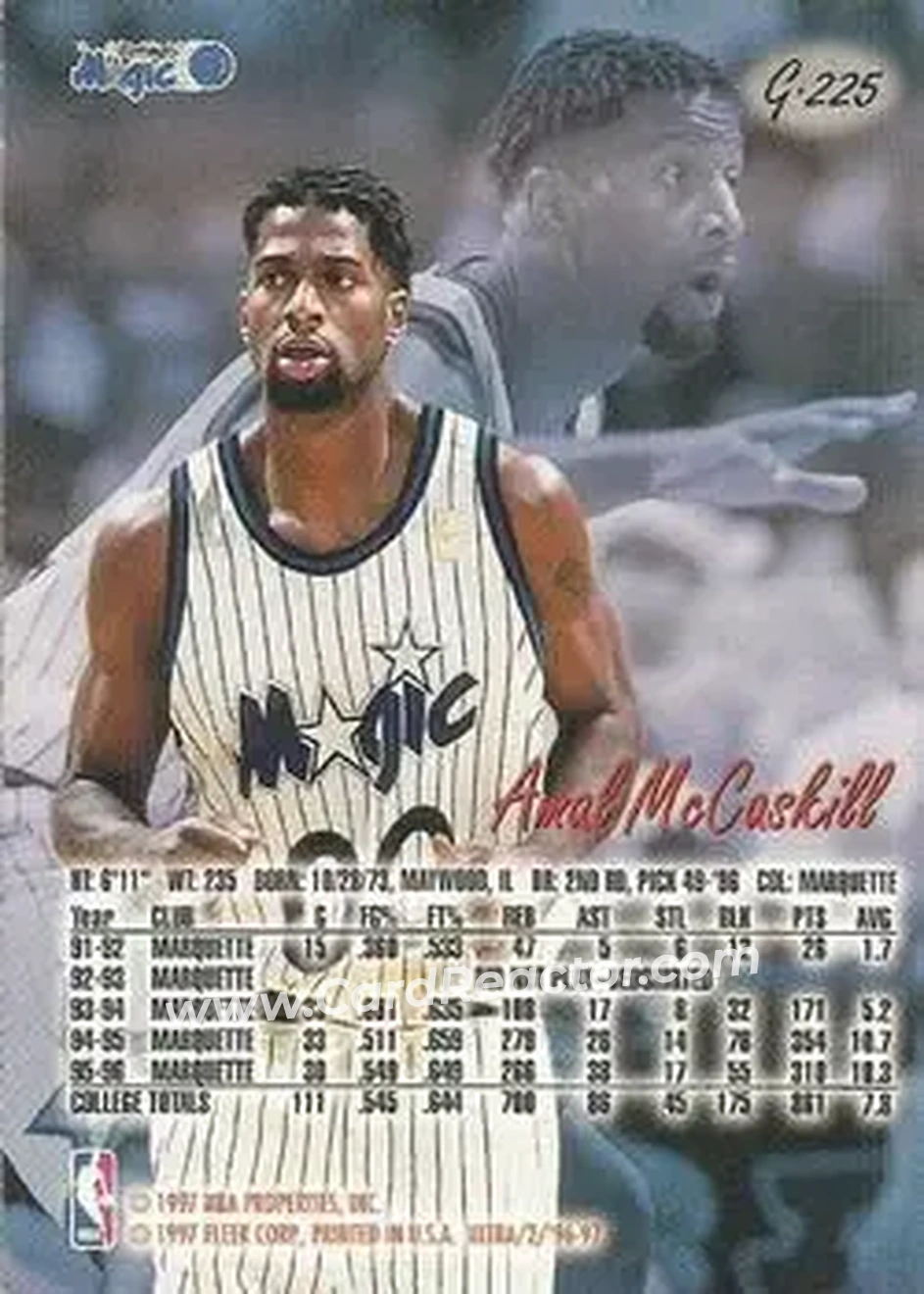 1996-97 Ultra - Gold Medallion #G-225 - Amal McCaskill - Orlando Magic - Back