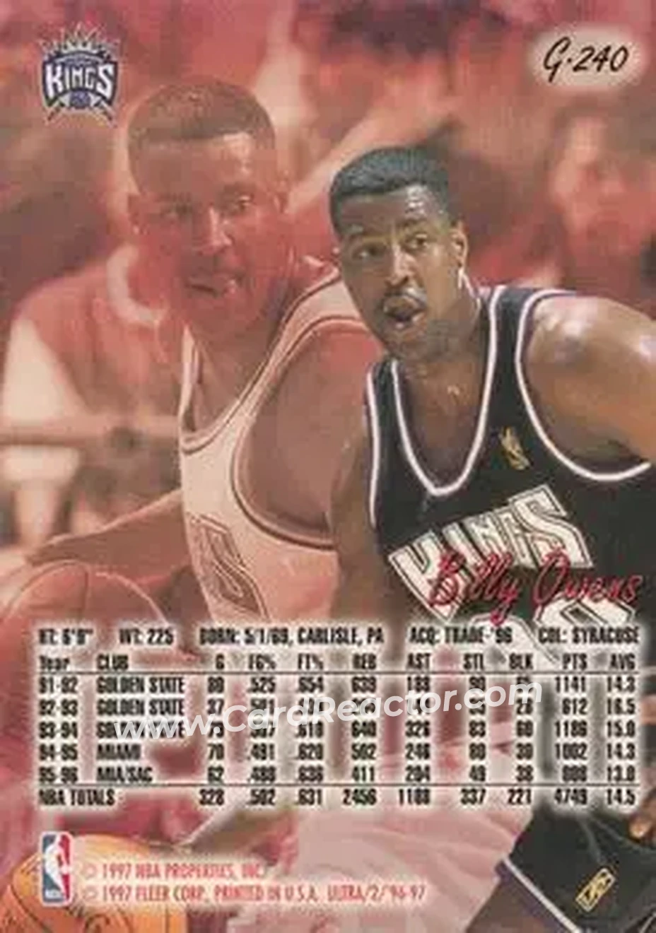 1996-97 Ultra - Gold Medallion #G-240 - Billy Owens - Sacramento Kings - Back