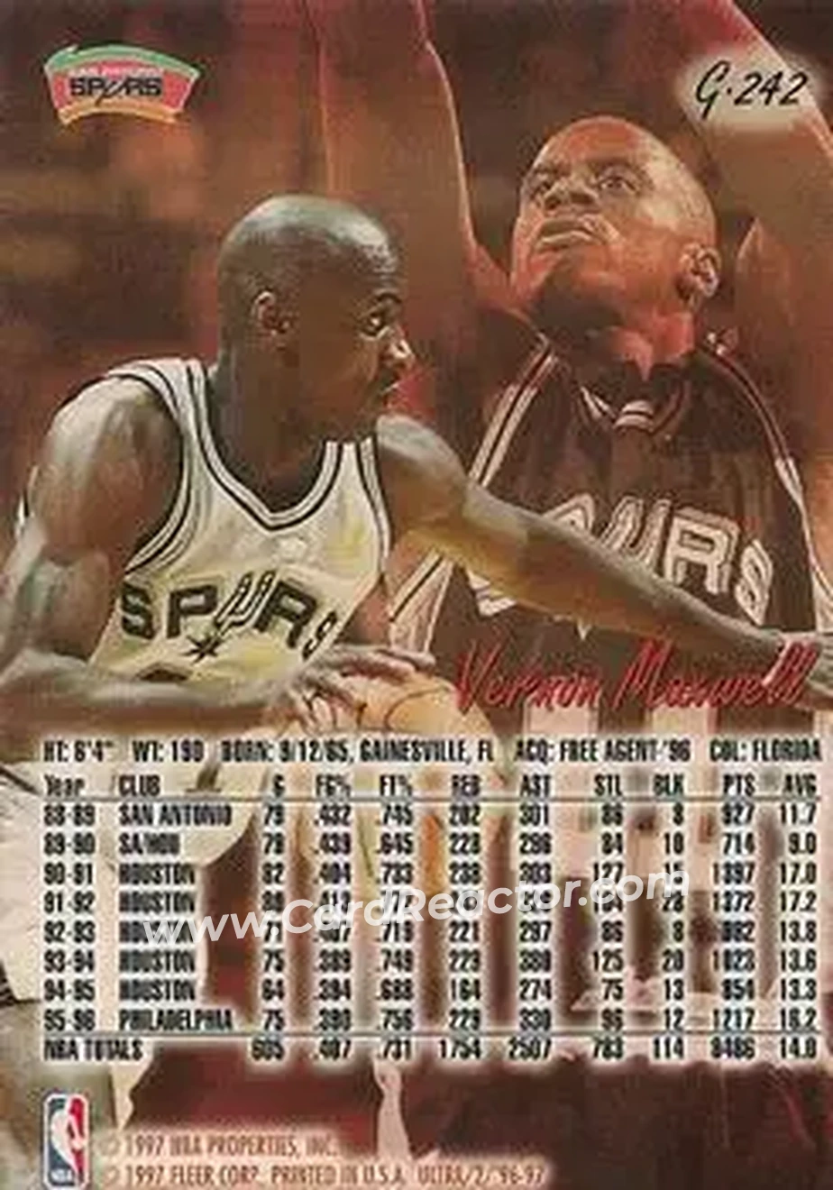 1996-97 Ultra - Gold Medallion #G-242 - Vernon Maxwell - San Antonio Spurs - Back