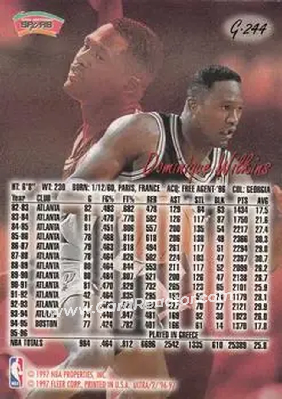 1996-97 Ultra - Gold Medallion #G-244 - Dominique Wilkins - San Antonio Spurs - Back