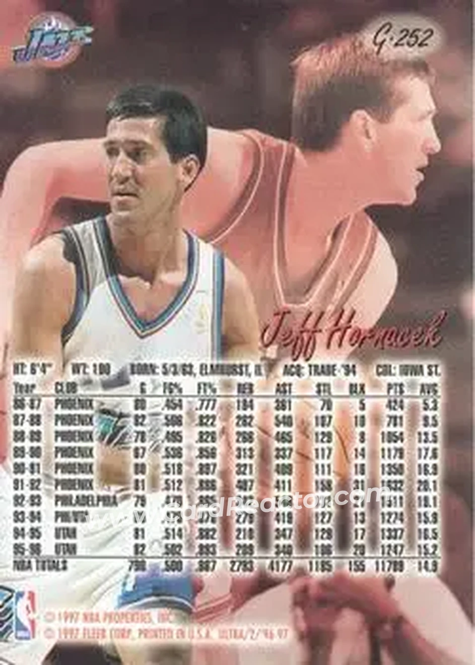 1996-97 Ultra - Gold Medallion #G-252 - Jeff Hornacek - Utah Jazz - Back