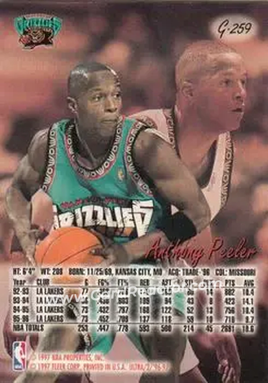 1996-97 Ultra - Gold Medallion #G-259 - Anthony Peeler - Vancouver Grizzlies - Back