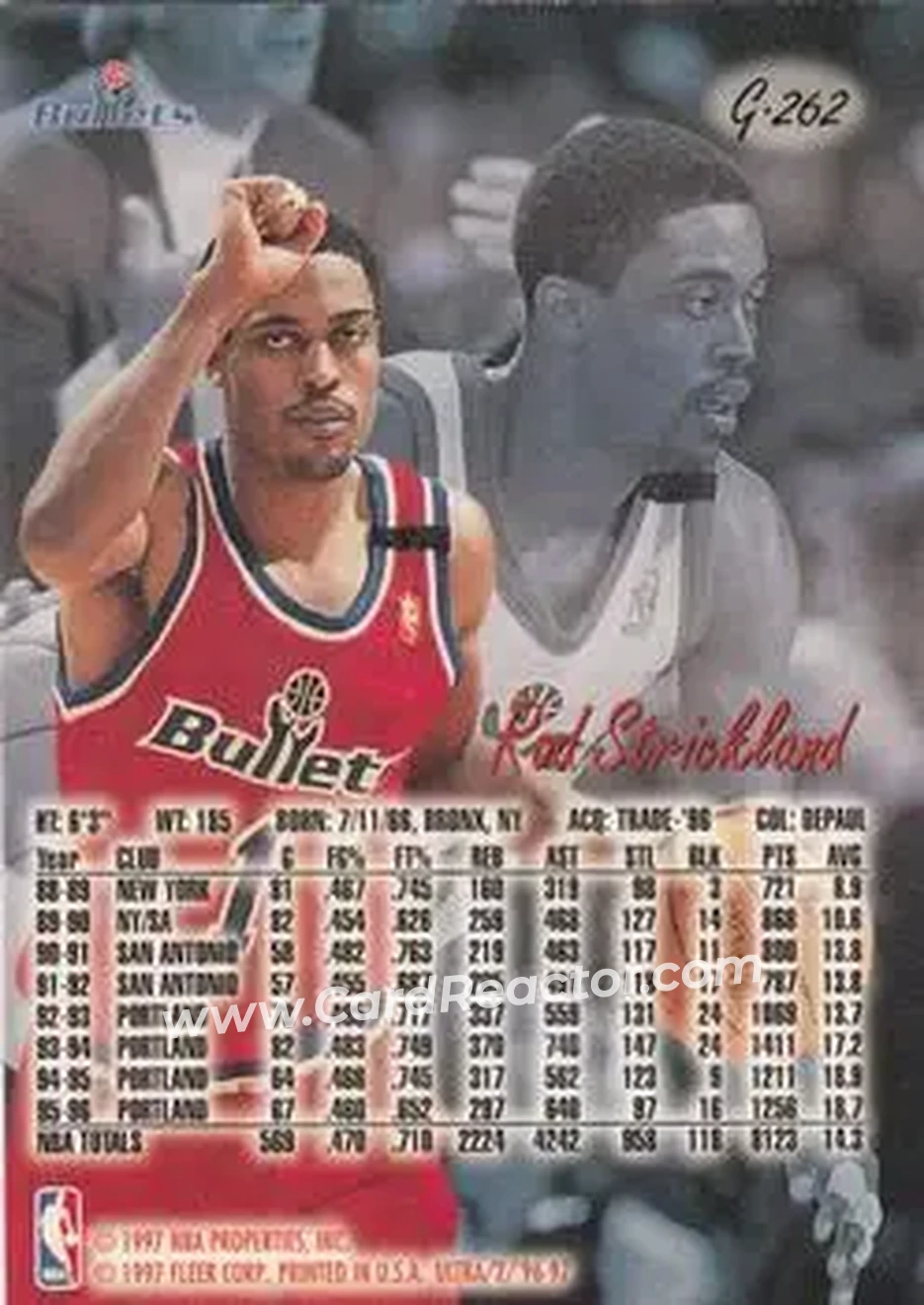 1996-97 Ultra - Gold Medallion #G-262 - Rod Strickland - Washington Bullets - Back