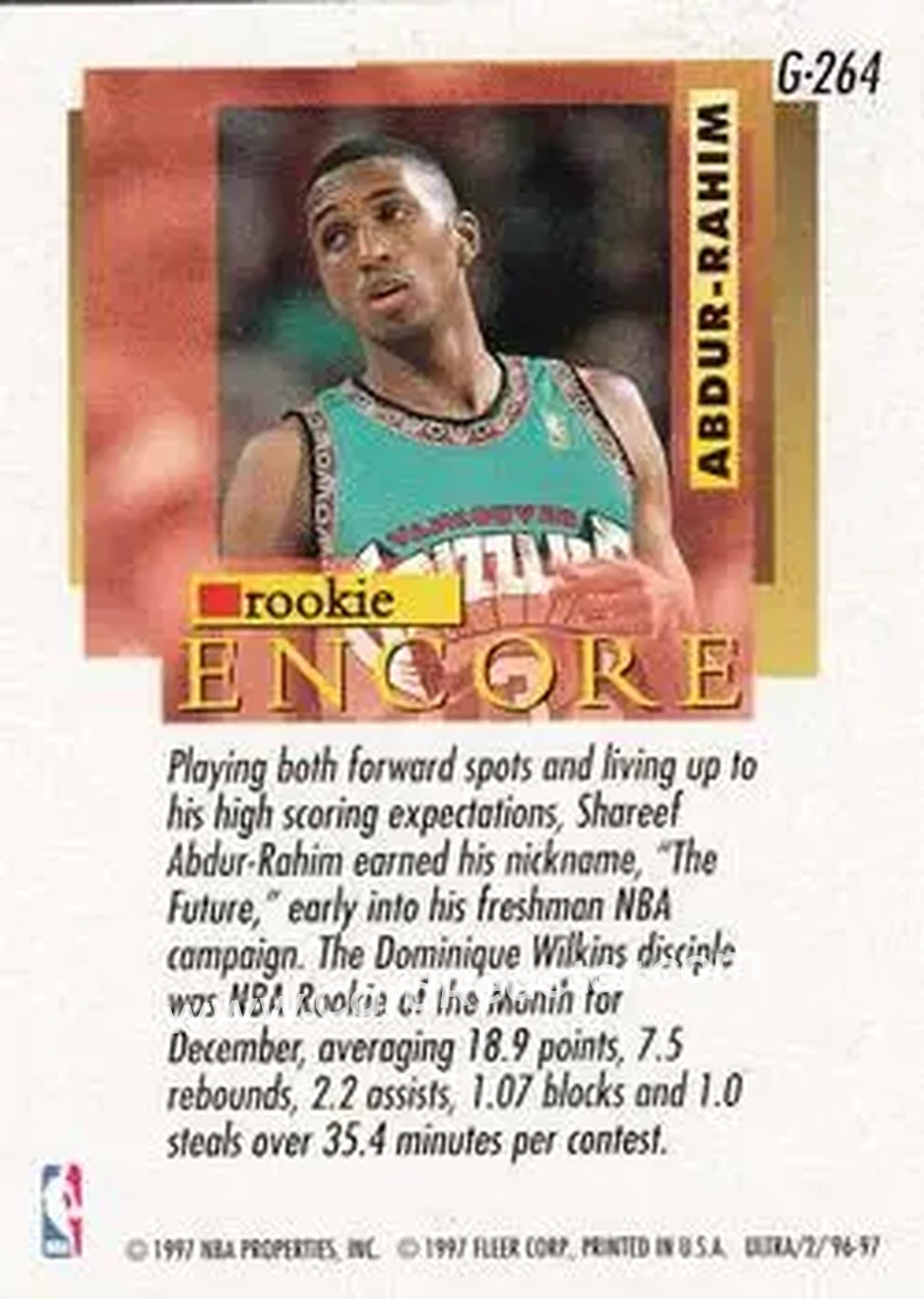 1996-97 Ultra - Gold Medallion #G-264 - Shareef Abdur-Rahim - Vancouver Grizzlies - Back