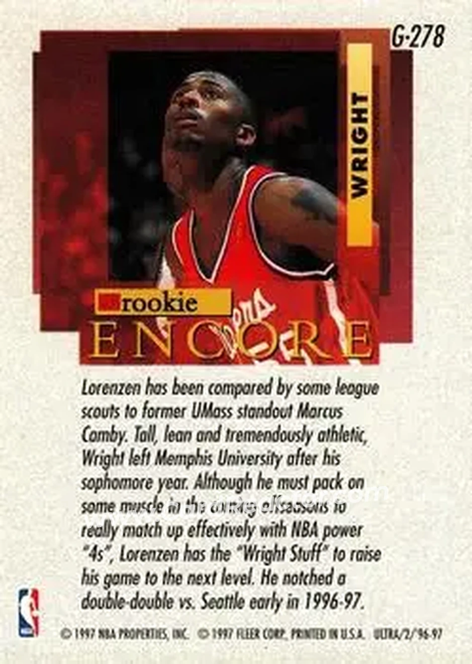 1996-97 Ultra - Gold Medallion #G-278 - Lorenzen Wright - Los Angeles Clippers - Back