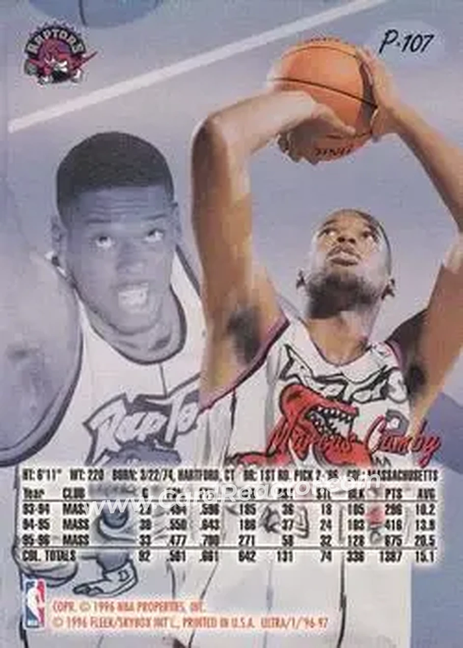 1996-97 Ultra - Platinum Medallion #P-107 - Marcus Camby - Toronto Raptors - Back