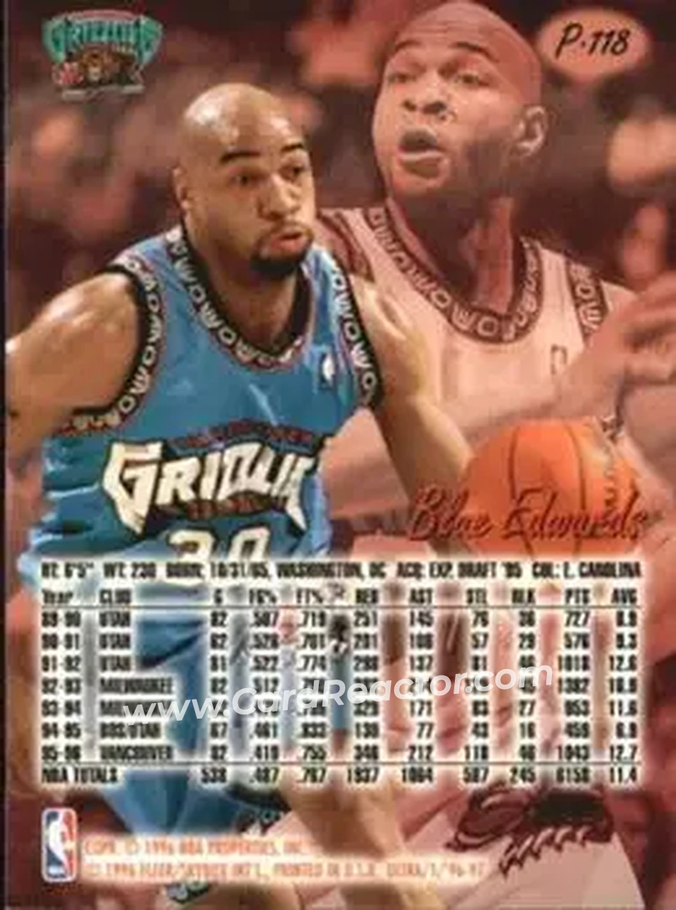 1996-97 Ultra - Platinum Medallion #P-118 - Blue Edwards - Vancouver Grizzlies - Back